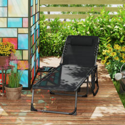 Outsunny Folding Sun Lounger with Side Table, 5-Level Adjustable Reclining Sun Lounger Chair, Portable Garden Recliner Sunbed with Side Pocket, Head Pillow for Patio, Beach, Black - thumbnail 9