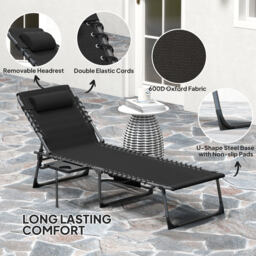 Outsunny Folding Sun Lounger with Side Table, 5-Level Adjustable Reclining Sun Lounger Chair, Portable Garden Recliner Sunbed with Side Pocket, Head Pillow for Patio, Beach, Black - thumbnail 5
