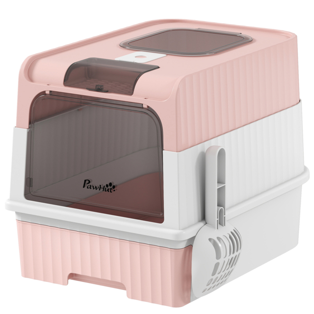 PawHut Enclosed Cat Litter Box with Lid, Pull-Out Drawer Tray, Scoop, 4 Deodorisation Bags, Front Entry & Top Exit, Pink - image 1