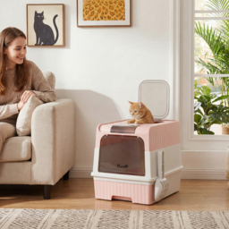 PawHut Enclosed Cat Litter Box with Lid, Pull-Out Drawer Tray, Scoop, 4 Deodorisation Bags, Front Entry & Top Exit, Pink - thumbnail 2
