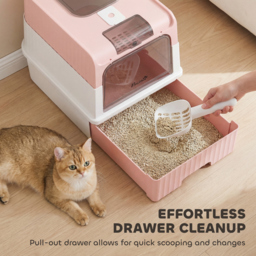 PawHut Enclosed Cat Litter Box with Lid, Pull-Out Drawer Tray, Scoop, 4 Deodorisation Bags, Front Entry & Top Exit, Pink - thumbnail 5