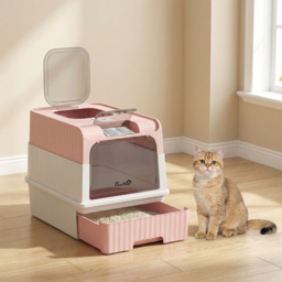 PawHut Enclosed Cat Litter Box with Lid, Pull-Out Drawer Tray, Scoop, 4 Deodorisation Bags, Front Entry & Top Exit, Pink - thumbnail 8