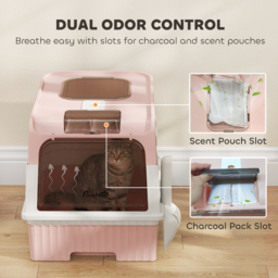 PawHut Enclosed Cat Litter Box with Lid, Pull-Out Drawer Tray, Scoop, 4 Deodorisation Bags, Front Entry & Top Exit, Pink - thumbnail 6