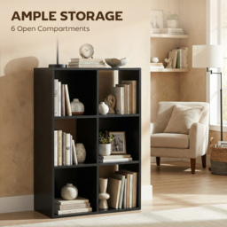 HOMCOM Industrial Style Storage Shelf, Bookcase, Bookshelf with 6 Compartments, for Living Room, Home Study, Black Wood Effect - thumbnail 4