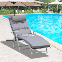 Outsunny Outdoor Patio Sun Lounger Garden Texteline Foldable Reclining Chair Pillow Adjustable Recliner with Cushion - Grey - Aosom UK - thumbnail 2