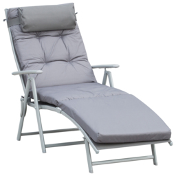 Outsunny Outdoor Patio Sun Lounger Garden Texteline Foldable Reclining Chair Pillow Adjustable Recliner with Cushion - Grey - Aosom UK - thumbnail 1