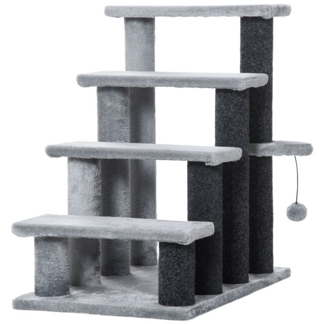 PawHut 4-step Pet Stairs with Scratching Posts, Platforms, Toy Ball, Grey - Aosom UK - image 1