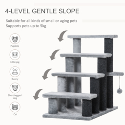 PawHut 4-step Pet Stairs with Scratching Posts, Platforms, Toy Ball, Grey - Aosom UK - thumbnail 4