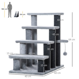 PawHut 4-step Pet Stairs with Scratching Posts, Platforms, Toy Ball, Grey - Aosom UK - thumbnail 3