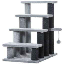 PawHut 4-step Pet Stairs with Scratching Posts, Platforms, Toy Ball, Grey - Aosom UK