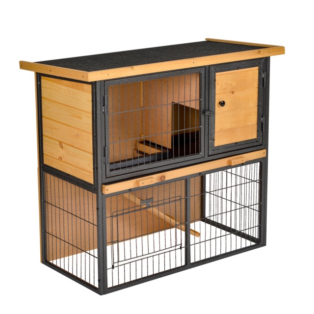 PawHut Wood-metal Rabbit Hutch Elevated Pet House Bunny Cage with Slide-Out Tray Asphalt Openable Roof Lockable Door Outdoor - Aosom UK - image 1