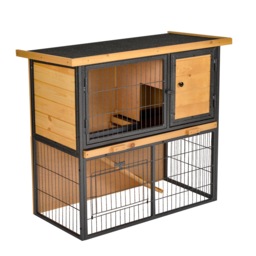 PawHut Wood-metal Rabbit Hutch Elevated Pet House Bunny Cage with Slide-Out Tray Asphalt Openable Roof Lockable Door Outdoor - Aosom UK