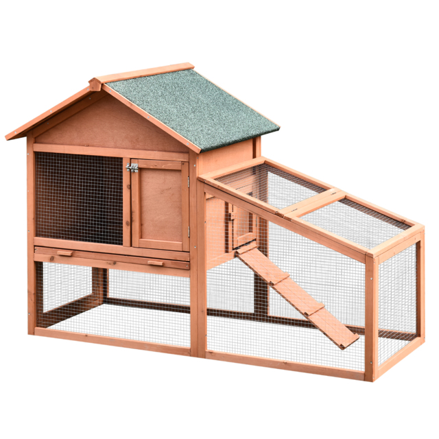 PawHut 2-Tier Solid Wooden Rabbit Hutch, Waterproof Asphalt Roof, Ramp, Removable Tray for Rabbits & Small Pets, Red/Brown - Aosom UK - image 1