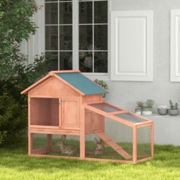 PawHut 2-Tier Solid Wooden Rabbit Hutch, Waterproof Asphalt Roof, Ramp, Removable Tray for Rabbits & Small Pets, Red/Brown - Aosom UK - thumbnail 2