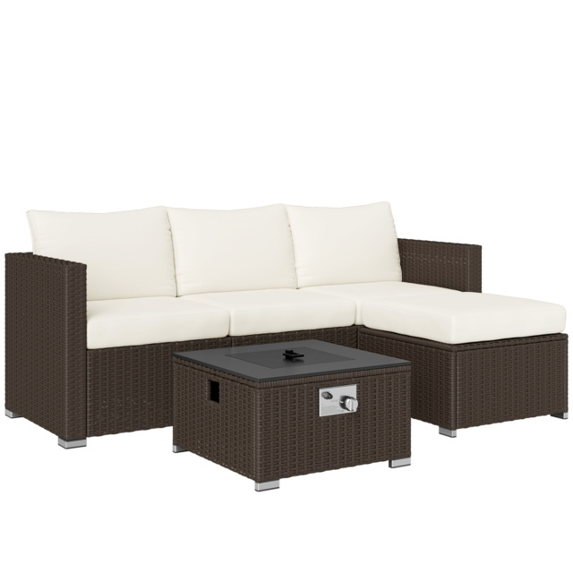 Outsunny Five Piece Rattan Garden Furniture Set with Gas Fire Pit Table and Footstool - Brown and Cream White - image 1