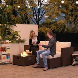 Outsunny Five Piece Rattan Garden Furniture Set with Gas Fire Pit Table and Footstool - Brown and Cream White - thumbnail 2