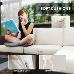 Outsunny Five Piece Rattan Garden Furniture Set with Gas Fire Pit Table and Footstool - Brown and Cream White - thumbnail 8