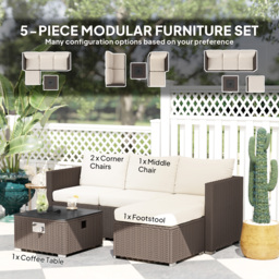 Outsunny Five Piece Rattan Garden Furniture Set with Gas Fire Pit Table and Footstool - Brown and Cream White - thumbnail 4