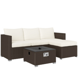 Outsunny Five Piece Rattan Garden Furniture Set with Gas Fire Pit Table and Footstool - Brown and Cream White - thumbnail 1