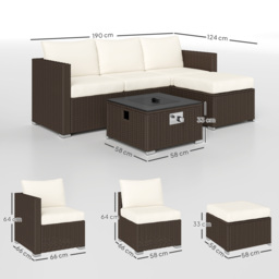 Outsunny Five Piece Rattan Garden Furniture Set with Gas Fire Pit Table and Footstool - Brown and Cream White - thumbnail 3