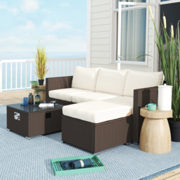 Outsunny Five Piece Rattan Garden Furniture Set with Gas Fire Pit Table and Footstool - Brown and Cream White - thumbnail 9