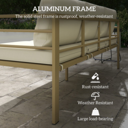 Outsunny Garden Bench with Cushions, 3-Seater Sofa with Backrest, Armrest and Back Cushions, 185 x 66 x 64cm, Cream White - thumbnail 4