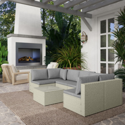 Outsunny 7 Pieces Rattan Garden Furniture Set, 6 Seater Garden Corner Sofa with Wide Seat, Cushions and Glass Top Table, Sectional Outdoor Furniture Conservatory Set for Patio, Light Brown - thumbnail 9