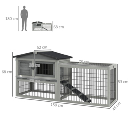 PawHut Wooden Rabbit Hutch with Outdoor Run Grey - thumbnail 3