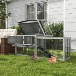PawHut Wooden Rabbit Hutch with Outdoor Run Grey - thumbnail 2