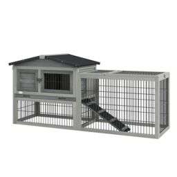 PawHut Wooden Rabbit Hutch with Outdoor Run Grey - thumbnail 1