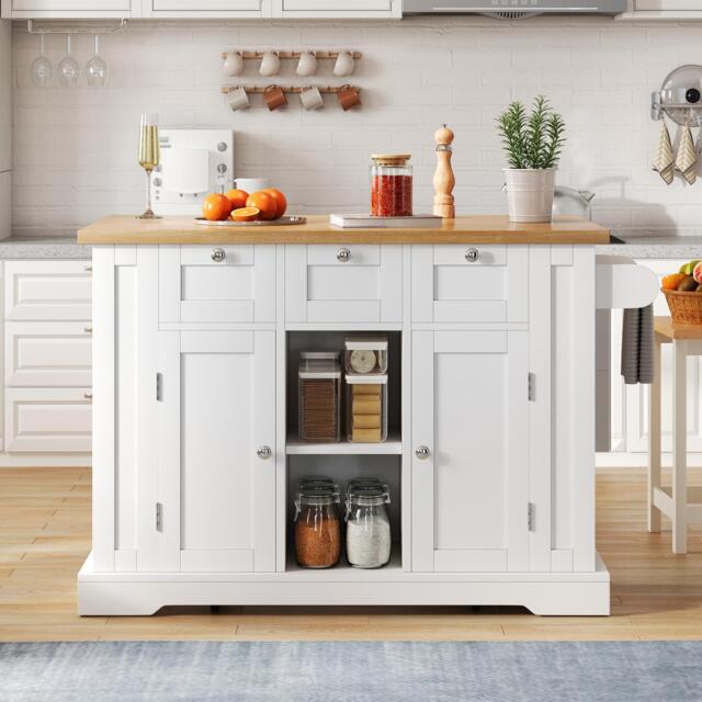 Versatile Kitchen Island with 3 Drawers and 2‑Door Cupboards, Practical Trolley with Extendable Worktop, 132L x 70W x 87H cm, White+Natural - Aosom UK - image 1