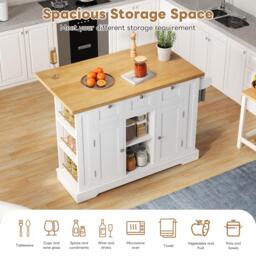 Versatile Kitchen Island with 3 Drawers and 2‑Door Cupboards, Practical Trolley with Extendable Worktop, 132L x 70W x 87H cm, White+Natural - Aosom UK - thumbnail 5