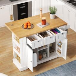 Versatile Kitchen Island with 3 Drawers and 2‑Door Cupboards, Practical Trolley with Extendable Worktop, 132L x 70W x 87H cm, White+Natural - Aosom UK - thumbnail 9
