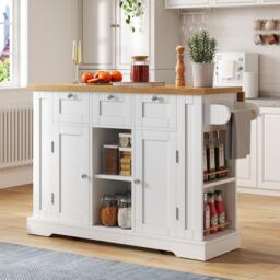 Versatile Kitchen Island with 3 Drawers and 2‑Door Cupboards, Practical Trolley with Extendable Worktop, 132L x 70W x 87H cm, White+Natural - Aosom UK - thumbnail 8