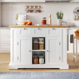 Versatile Kitchen Island with 3 Drawers and 2‑Door Cupboards, Practical Trolley with Extendable Worktop, 132L x 70W x 87H cm, White+Natural - Aosom UK - thumbnail 1
