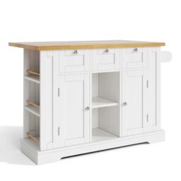 Versatile Kitchen Island with 3 Drawers and 2‑Door Cupboards, Practical Trolley with Extendable Worktop, 132L x 70W x 87H cm, White+Natural - Aosom UK - thumbnail 2