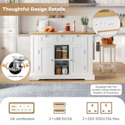 Versatile Kitchen Island with 3 Drawers and 2‑Door Cupboards, Practical Trolley with Extendable Worktop, 132L x 70W x 87H cm, White+Natural - Aosom UK - thumbnail 4