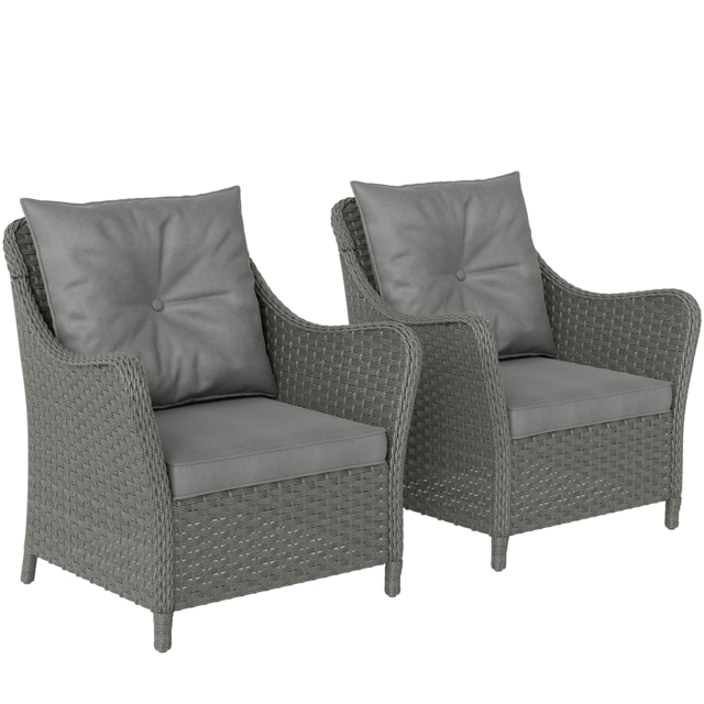 Outsunny Rattan Garden Chairs Set of 2, Outdoor Rattan Chairs with Cushions, Armrests and High Back, PE Wicker Garden Armchair with Steel Frame for Balcony, Porch, Dark Grey - image 1