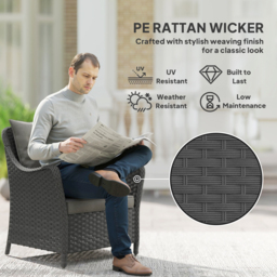 Outsunny Rattan Garden Chairs Set of 2, Outdoor Rattan Chairs with Cushions, Armrests and High Back, PE Wicker Garden Armchair with Steel Frame for Balcony, Porch, Dark Grey - thumbnail 4