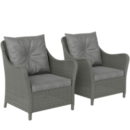 Outsunny Rattan Garden Chairs Set of 2, Outdoor Rattan Chairs with Cushions, Armrests and High Back, PE Wicker Garden Armchair with Steel Frame for Balcony, Porch, Dark Grey - thumbnail 1