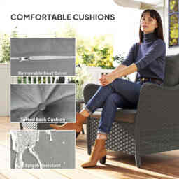 Outsunny Rattan Garden Chairs Set of 2, Outdoor Rattan Chairs with Cushions, Armrests and High Back, PE Wicker Garden Armchair with Steel Frame for Balcony, Porch, Dark Grey - thumbnail 5