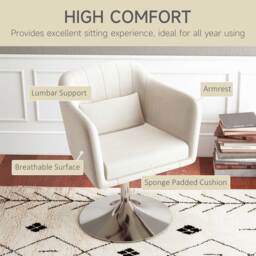 HOMCOM Modern Accent Chair with Swivel Base, Height Adjustable Arm Chair with Pillow for Living Room, Bedroom, Cat Scratch Resistant, Cream White - thumbnail 6