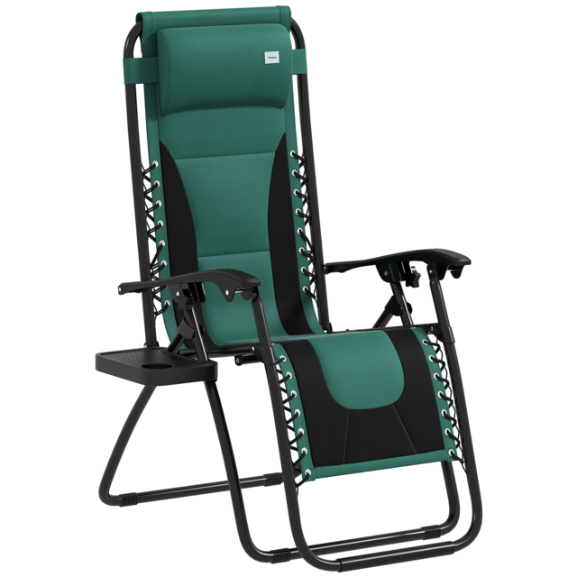 Outsunny Foldable Reclining Garden Chair, Zero Gravity Chair with Padded Seat, Cup Holder, Adjustable Backrest, Pillow for Outdoor, Patio, Deck, Green