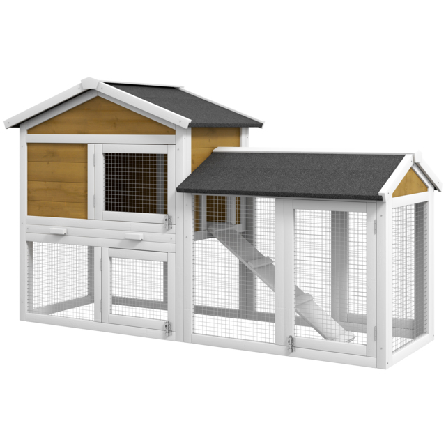 PawHut Wooden Rabbit Hutch Outdoor, Double Tier with Water-Resistant Roof, Ramp 147 x 54 x 84 cm, Yellow - image 1