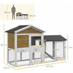 PawHut Wooden Rabbit Hutch Outdoor, Double Tier with Water-Resistant Roof, Ramp 147 x 54 x 84 cm, Yellow - thumbnail 3