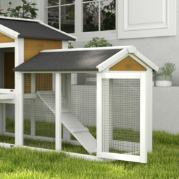PawHut Wooden Rabbit Hutch Outdoor, Double Tier with Water-Resistant Roof, Ramp 147 x 54 x 84 cm, Yellow - thumbnail 9