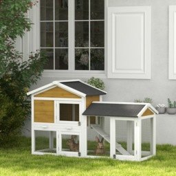 PawHut Wooden Rabbit Hutch Outdoor, Double Tier with Water-Resistant Roof, Ramp 147 x 54 x 84 cm, Yellow - thumbnail 2