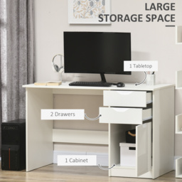 HOMCOM High Gloss Computer Desk with Drawers, Modern Writing Workstation with Storage Cabinet, PC Study Table for, Office, Study, White - Aosom UK - thumbnail 5