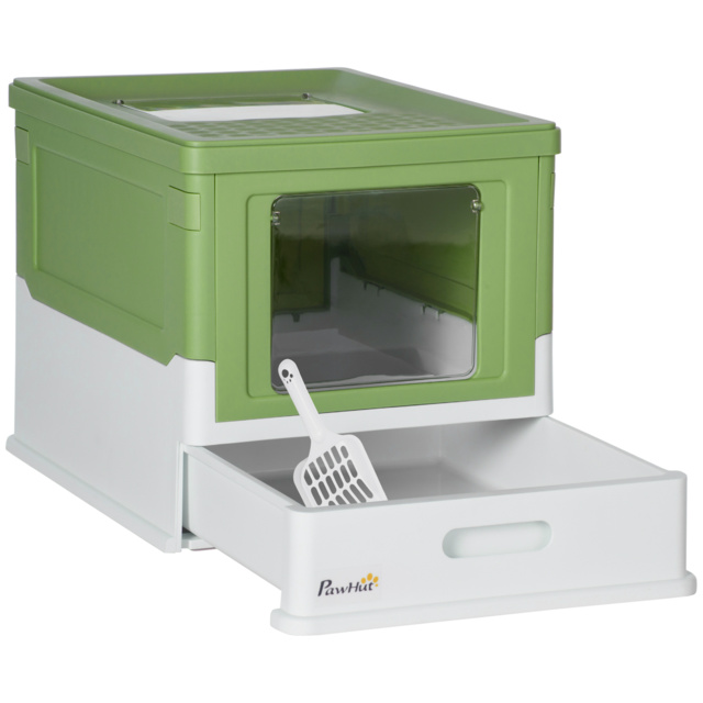 PawHut Hooded Cat Litter Box, Portable Pet Toilet, with Scoop, Front Entry - Lime Green - Aosom UK - image 1