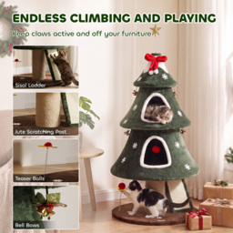 PawHut Cat Tree, Christmas Cat Tower with Dual Condos, Sisal Ladder, Jute Posts, Anti-Tip Rope, Hanging Balls, 60 x 60 x 132 cm - thumbnail 7